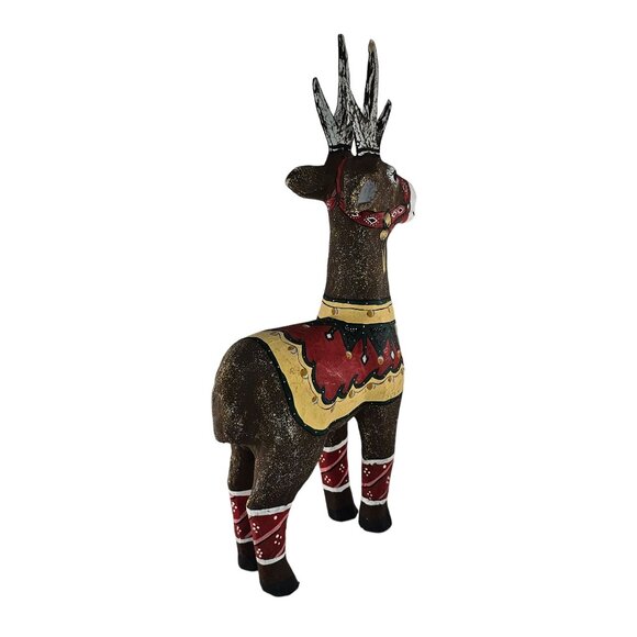 Hand Painted Papier Mache Reindeer Statue With Antlers Colorful Saddle Christmas - Picture 6 of 9